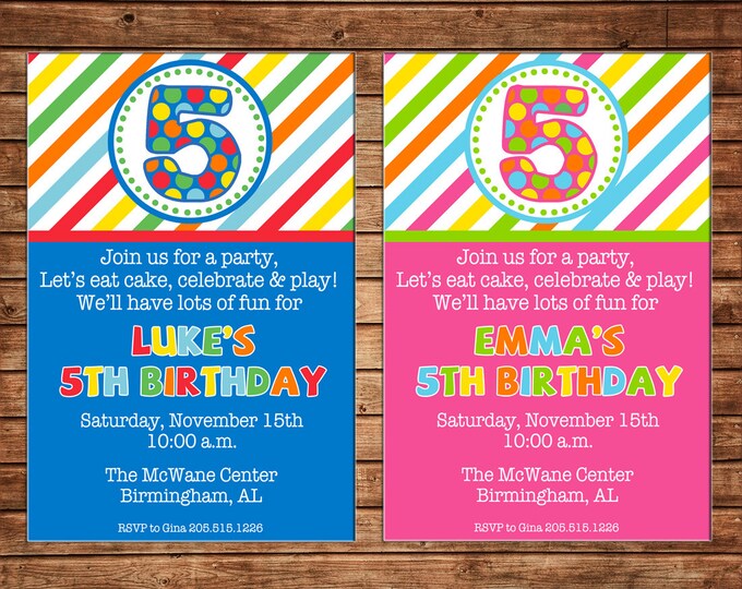 Boy or Girl Invitation Bright Stripe Generic Age Birthday Party - Can personalize colors /wording - Printable File or Printed Cards