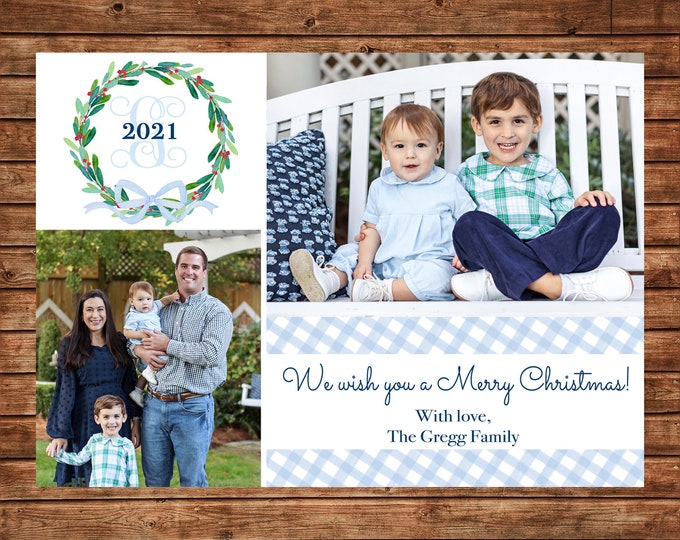 Photo Picture Christmas Holiday Card Watercolor Blue Gingham Wreath Monogram - Digital File