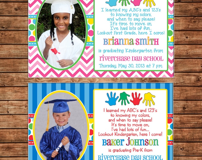 Boy or Girl Photo Invitation Preschool Kindergarten Graduation  - Can personalize colors /wording - Printable File or Printed Cards