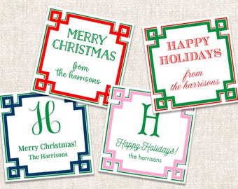 May include: Four square gift tags with white backgrounds and colourful geometric borders. The tags feature red and green text reading Merry Christmas from the harrisons, Happy Holidays from the harrisons, a green H with Merry Christmas! The Harrisons, and a green H with Happy Holidays! the harrisons.
