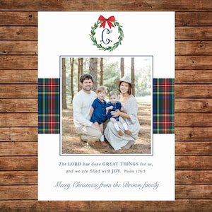 Christmas Holiday Photo Card Tartan Plaid Watercolor Wreath Monogram  - Can Personalize - Printable File