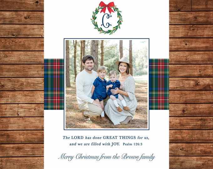 Christmas Holiday Photo Card Tartan Plaid Watercolor Wreath Monogram  - Can Personalize - Printable File