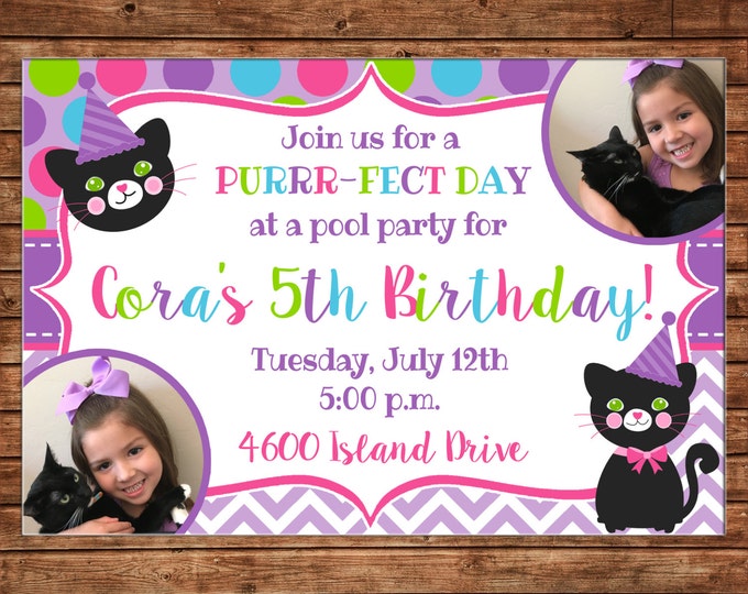 Girl Photo Invitation Kitty Cat Kitten Birthday Party - Can personalize colors /wording - Printable File or Printed Cards