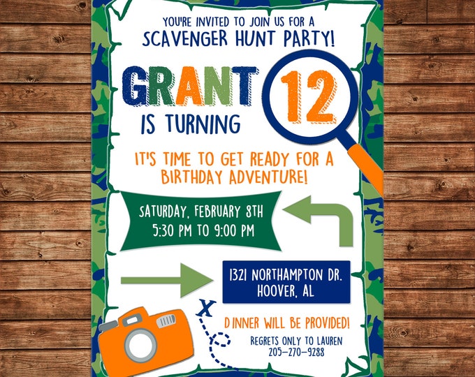 Boy Invitation Camo Scavenger Hunt Map Camera Birthday Party - Can personalize colors /wording - Printable File or Printed Cards