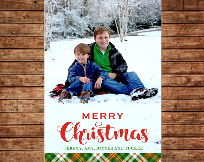 Christmas Holiday Photo Card Red Green Tartan Plaid - Can Personalize - Printable File