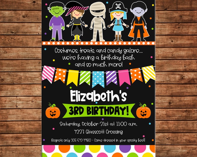 Boy or Girl Invitation Halloween Costume Trick or Treat Birthday Party - Can personalize colors /wording - Printable File or Printed Cards