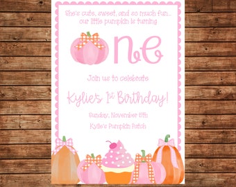 Girl Invitation Pumpkin First One Baby Shower Birthday Party - Can personalize colors /wording - Printable File or Printed Cards