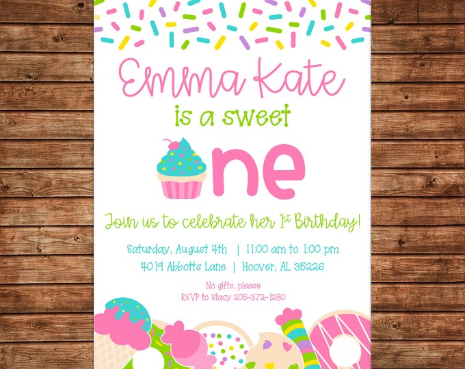 Girl Invitation Sweet One Candy Cupcake Donut Cookies Birthday Party - Can personalize colors /wording - Printable File or Printed Cards