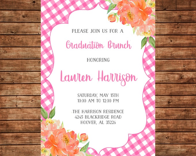 Invitation Watercolor Floral Gingham Brunch Shower Pink Orange - Can personalize colors /wording - Printable File or Printed Cards