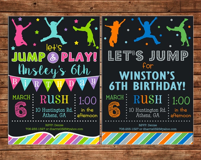 Boy or Girl Invitation Trampoline Park Jump Inflatable Birthday Party - Can personalize colors /wording - Printable File or Printed Cards