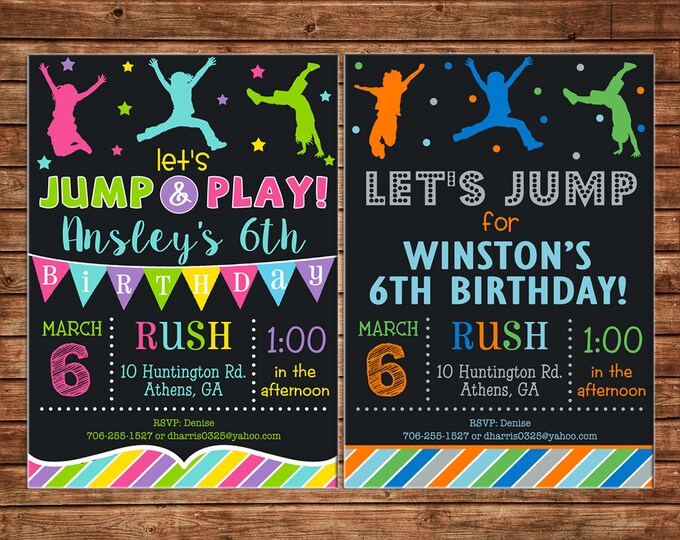 Boy or Girl Invitation Trampoline Park Jump Inflatable Birthday Party - Can personalize colors /wording - Printable File or Printed Cards