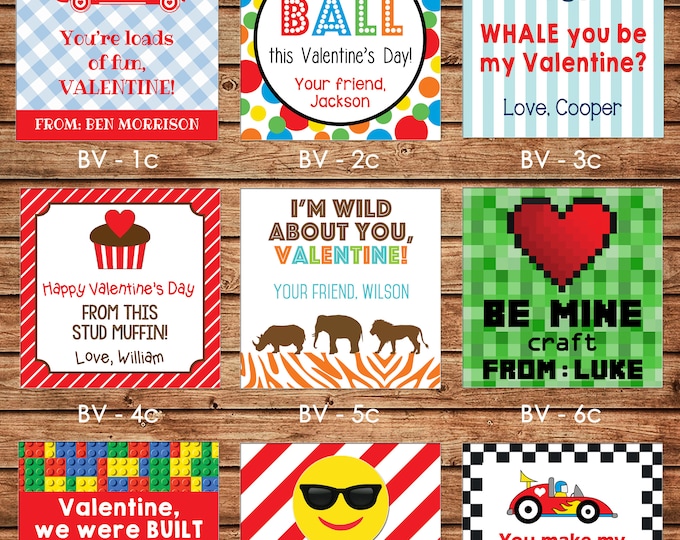 24 Square Personalized Boy Valentine Enclosure Cards, Gift Stickers, Gift Tags