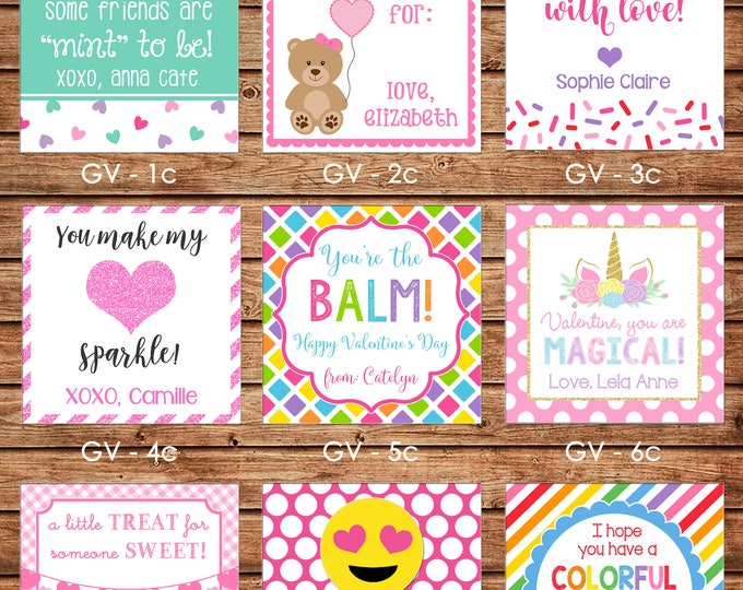 24 Square Personalized Girl Valentine Enclosure Cards, Gift Stickers, Gift Tags