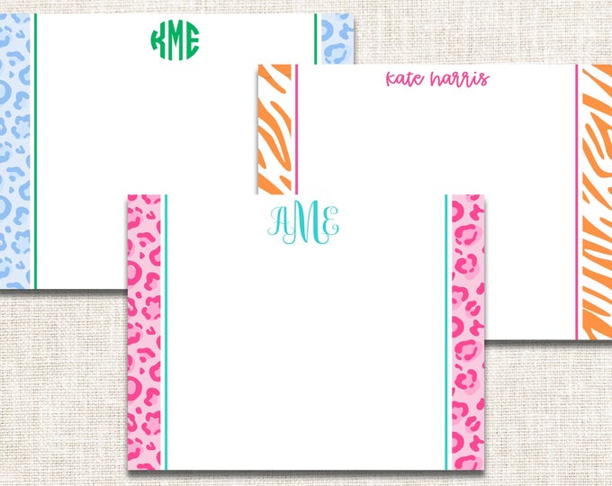 Personalized Girl Stationery, Personalized Girl Notecards, Flat Note Cards, Preppy Stationery, Animal Print Stationery, Leopard Stationery