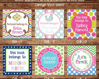 24 Square Personalized Girl Book Plates Bookplate Stickers Labels - Choose ONE DESIGN