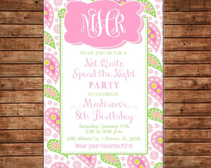 Girl Invitation Preppy Paisley Monogram Sleepover Birthday Party - Can personalize colors /wording - Printable File or Printed Cards