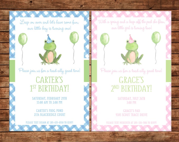 Boy or Girl Invitation Watercolor Frog Toad Birthday Party - Can personalize colors /wording - Printable File or Printed Cards