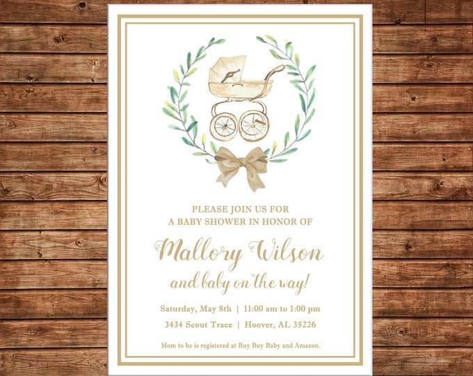 Boy or Girl Invitation Watercolor Wreath Carriage Shower Gender Neutral - Can personalize colors /wording - Printable File or Printed Cards