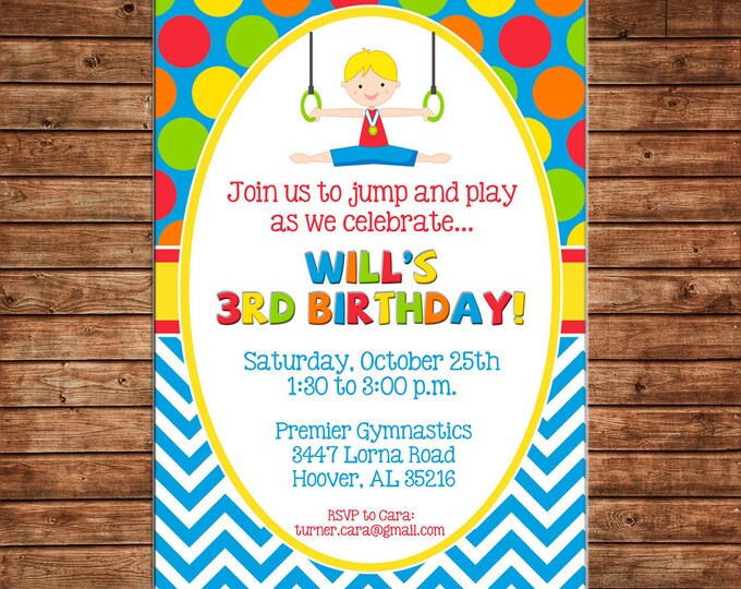 Boy Invitation Gymnastics Tumbling Gym Birthday Party - Can personalize colors /wording - Printable File or Printed Cards