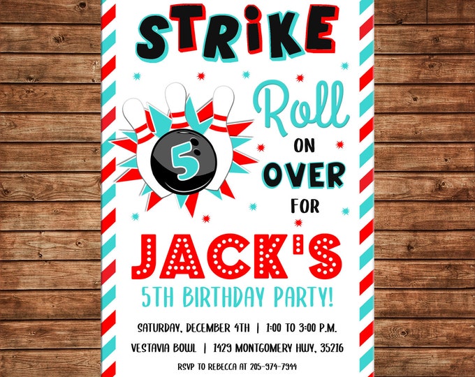 Boy or Girl Invitation Bowling Retro Blue and Red Birthday Party - Can personalize colors /wording - Printable File or Printed Cards