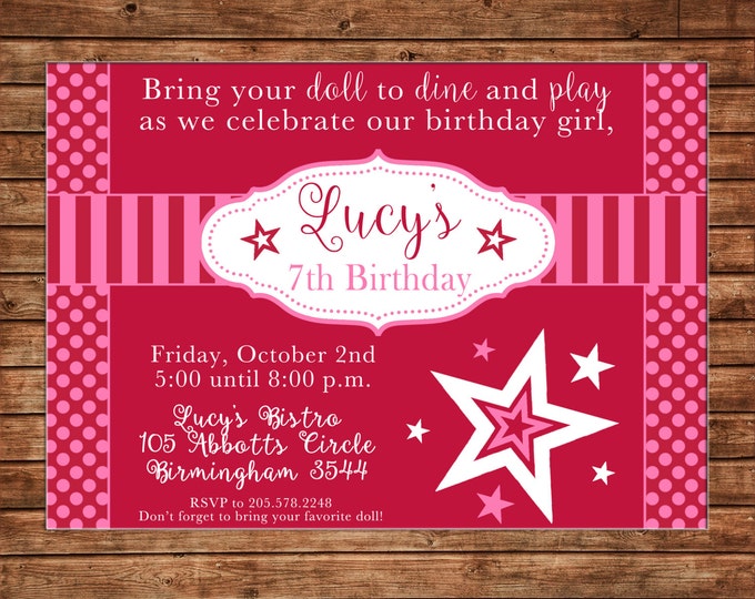 Girl Invitation Bistro Doll Birthday Party - Can personalize colors /wording - Printable File or Printed Cards