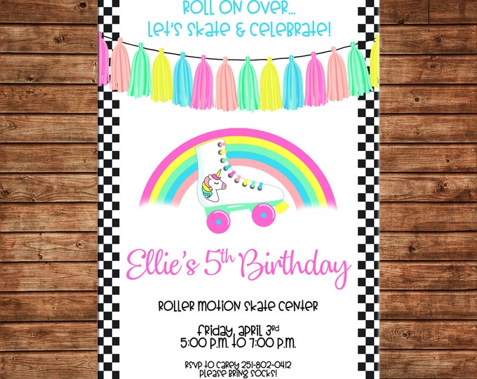 Girl Invitation Roller Skating Rollerskating Unicorn Birthday Party - Can personalize colors /wording - Printable File or Printed Cards