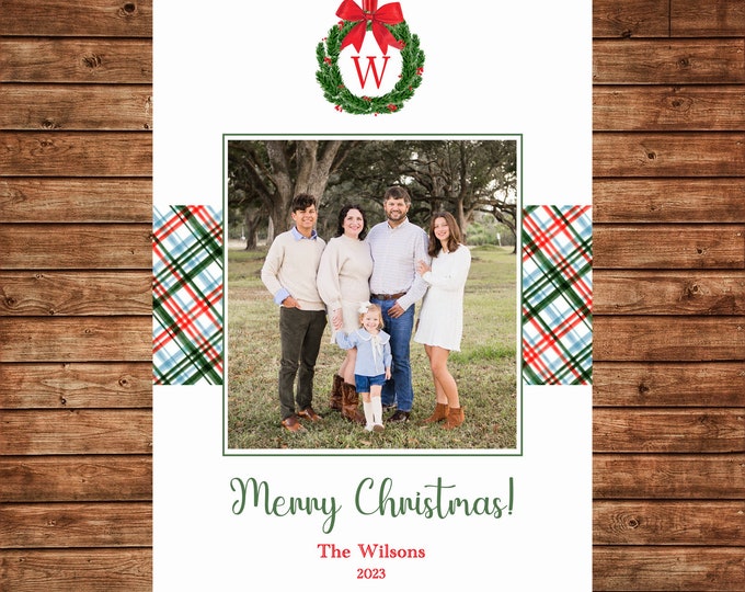 Christmas Holiday Photo Card Watercolor Gingham Wreath Preppy  - Can Personalize - Printable File