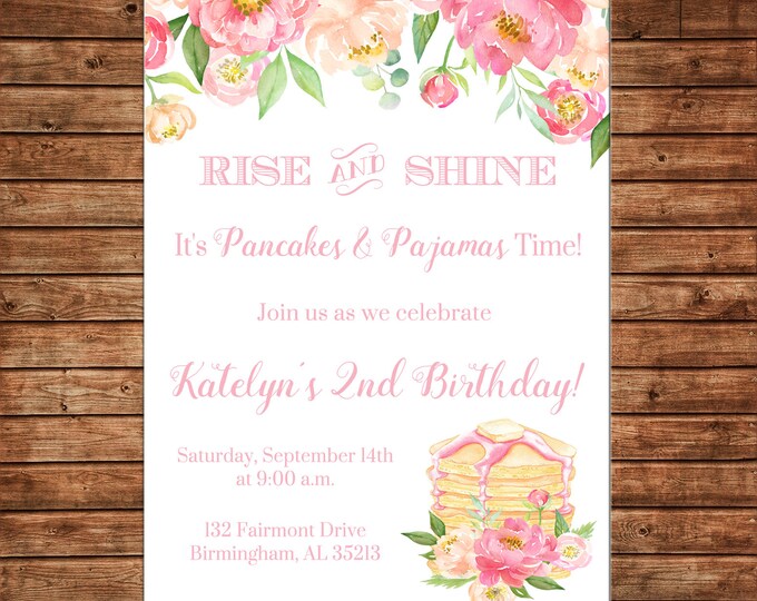 Girl Invitation Watercolor Pancakes Pajamas Birthday Party - Can personalize colors /wording - Printable File or Printed Cards