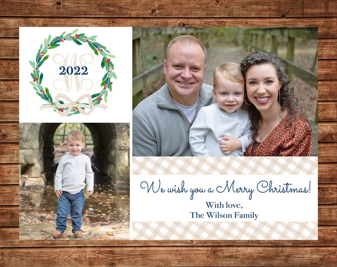 Christmas Holiday Photo Card Watercolor Wreath Monogram  - Can Personalize - Printable File