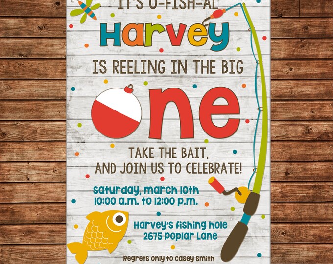 Boy Invitation Wood Fishing Outdoors Birthday Party - Can personalize colors /wording - Printable File or Printed Cards