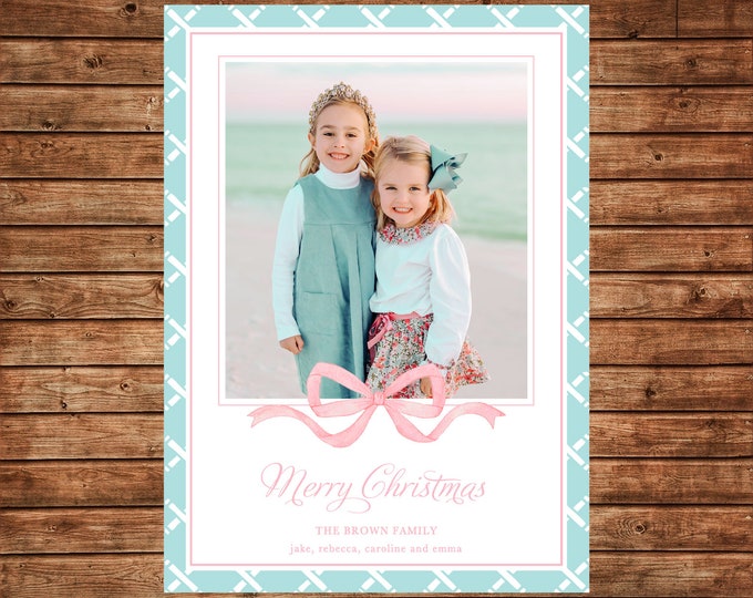 Christmas Holiday Photo Card Mint Lattice Pink Watercolor Bow  - Can Personalize - Printable File