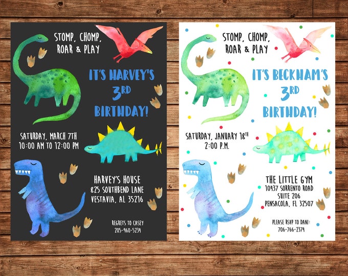 Boy Invitation Watercolor Dinosaur Dino Birthday Party - Can personalize colors /wording - Printable File or Printed Cards