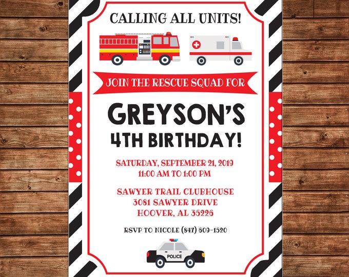 Boy Invitation Rescue Unit Firetruck Ambulance Police Birthday Party - Can personalize colors /wording - Printable File or Printed Cards