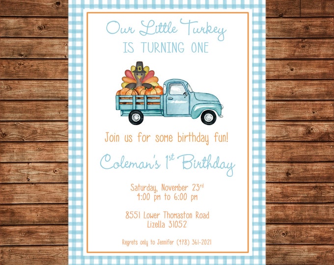Boy or Girl Invitation Little Turkey Thanksgiving Shower Birthday Party - Can personalize colors /wording - Printable File or Printed Cards