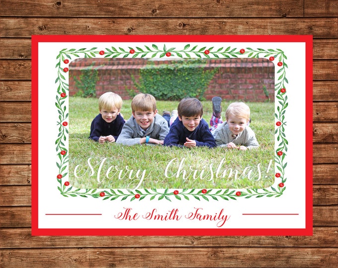 Christmas Holiday Photo Card Red Green Watercolor Wreath - Can Personalize - Printable File