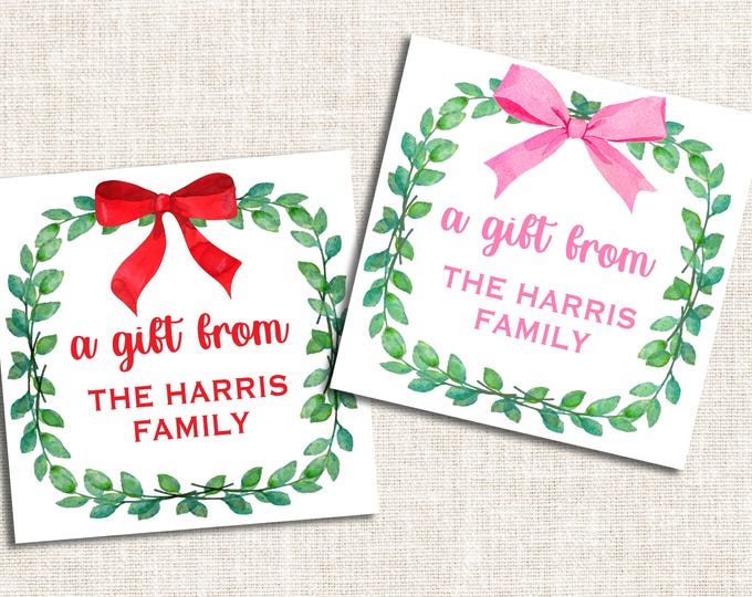 Personalized Christmas Gift Tags, Christmas Enclosure Cards, Christmas Gift Stickers, Watercolor Christmas Wreath