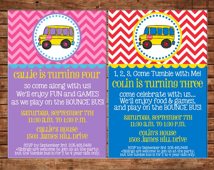 Boy or Girl Invitation Bus Birthday Party - Can personalize colors /wording - Printable File or Printed Cards