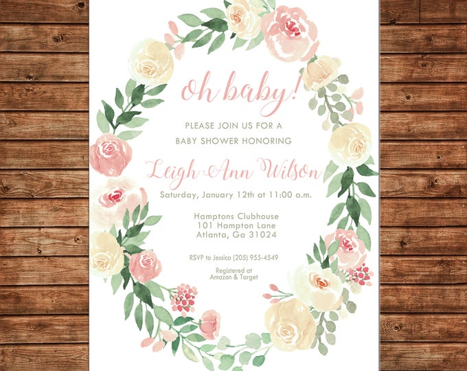 Girl Invitation Watercolor Flowers Baby Shower Birthday Party - Can personalize colors /wording - Printable File or Printed Cards