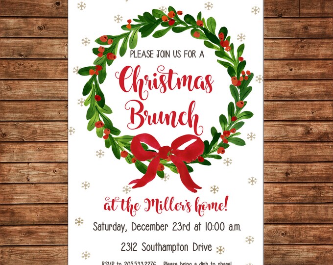Christmas Invitation Watercolor Wreath Brunch Shower Party - Can personalize colors /wording - Printable File or Printed Cards