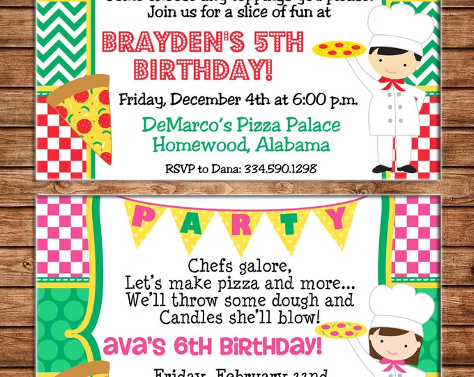 Boy or Girl Invitation Pizza Party Cafe Birthday Party - Can personalize colors /wording - Printable File or Printed Cards