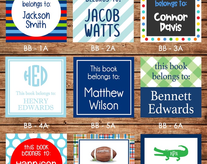 24 Square Personalized Boy Book Plates Bookplate Stickers Labels - Choose ONE DESIGN