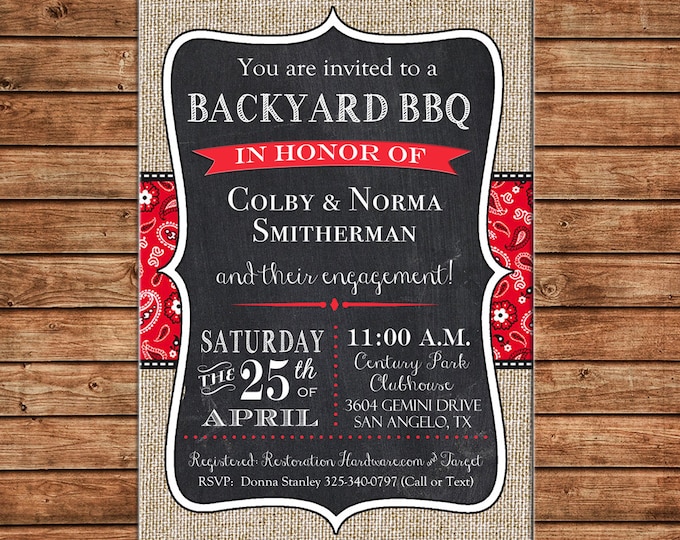 Invitation Burlap Handkerchief Bandana Chalkboard Shower Party - Can personalize colors /wording - Printable File or Printed Cards