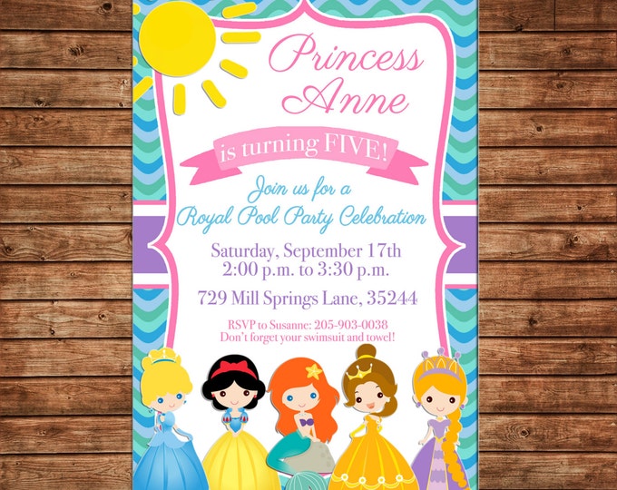 Girl Invitation Princess Pool Party Birthday Party - Can personalize colors /wording - Printable File or Printed Cards