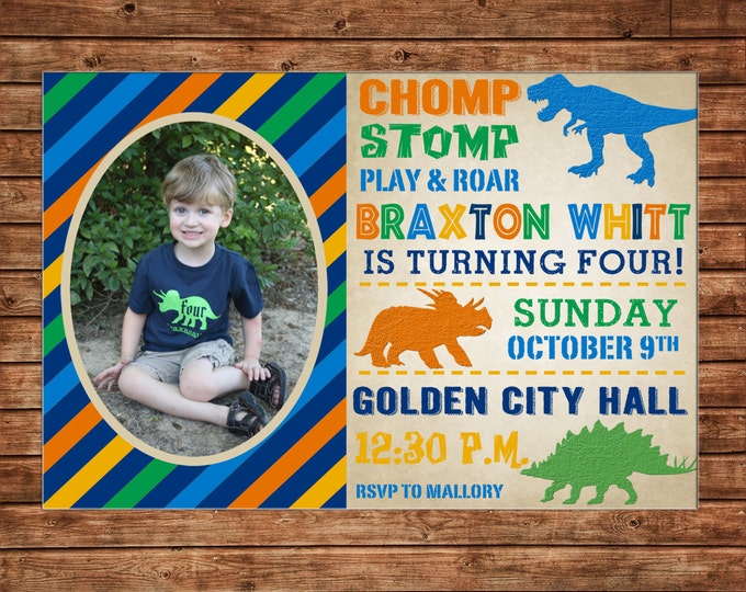 Boy Invitation Dino Dinosaur Birthday Party - Can personalize colors /wording - Printable File or Printed Cards