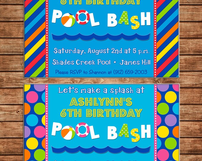 Boy or Girl Invitation Pool Bash Swimming Birthday Party - Can personalize colors /wording - Printable File or Printed Car