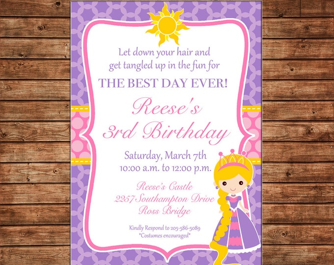 Girl Invitation Princess Long Hair Purple Birthday Party - Can personalize colors /wording - Printable File or Printed Cards
