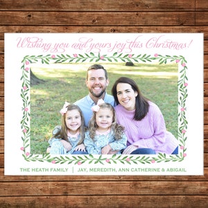 Christmas Holiday Photo Card Pink Green Watercolor Wreath - Can Personalize - Printable File