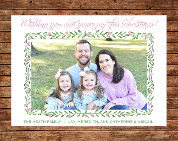 Christmas Holiday Photo Card Pink Green Watercolor Wreath - Can Personalize - Printable File