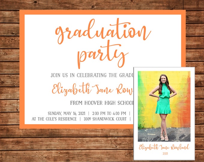 Boy or Girl Invitation Graduation Party Announcement with Photo - Can personalize colors /wording - Printable File or Printed Cards