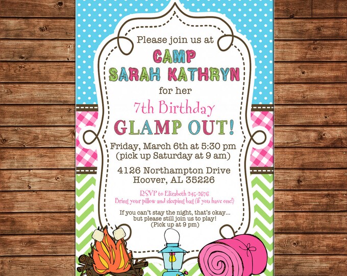 Girl Invitation Sleepover Glamping Camping Birthday Party - Can personalize colors /wording - Printable File or Printed Cards